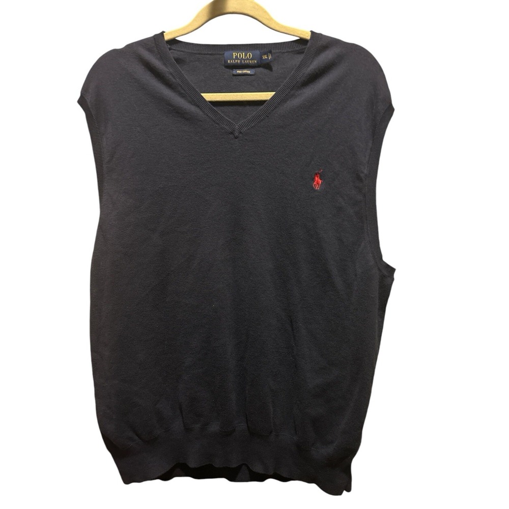 Vintage 90s Men Polo Ralph Lauren Sz XXL V Neck Sweater Vest Navy Blue‎ Red Pony